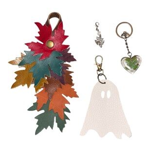 Multicolor Leather Leaf Keychain with White Ghost and Heart Charms
